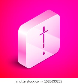 Isometric Pipette icon isolated on pink background. Element of medical, chemistry lab equipment. Pipette with drop. Medicine symbol. Silver square button. Vector Illustration