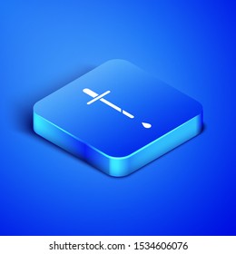 Isometric Pipette icon isolated on blue background. Element of medical, chemistry lab equipment. Pipette with drop. Medicine symbol. Blue square button. Vector Illustration