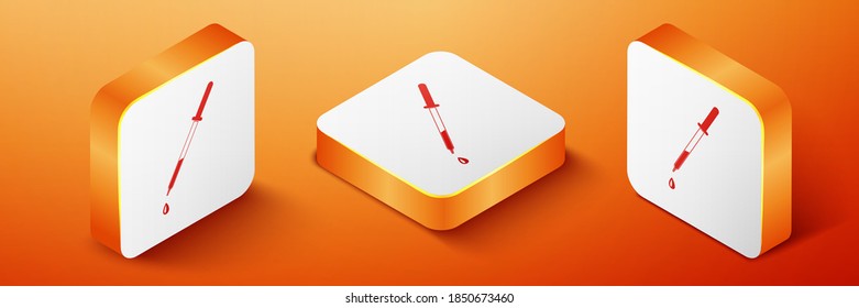 Isometric Pipette icon isolated on orange background. Element of medical, chemistry lab equipment. Pipette with drop. Medicine symbol. Orange square button. Vector.