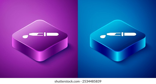 Isometric Pipette icon isolated on blue and purple background. Element of medical, chemistry lab equipment. Pipette with drop. Medicine symbol. Square button. Vector