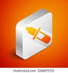 Isometric Pipette icon isolated on orange background. Element of medical, chemistry lab equipment. Medicine symbol. Silver square button. Vector