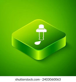 Isometric Pipette with oil icon isolated on green background. Organic aromatherapy essence. Skin care serum glass drop package. Green square button. Vector
