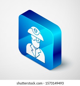 Isometric Pirate captain icon isolated on white background. Blue square button. Vector Illustration