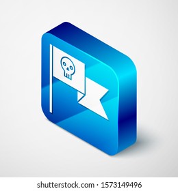Isometric Pirate flag with skull icon isolated on white background. Blue square button. Vector Illustration