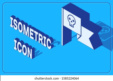 Isometric Pirate flag with skull icon isolated on blue background.  Vector Illustration