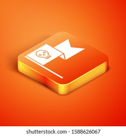 Isometric Pirate flag with skull icon isolated on orange background.  Vector Illustration