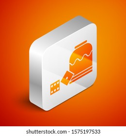 Isometric Pirate game dice icon isolated on orange background. Casino gambling. Silver square button. Vector Illustration