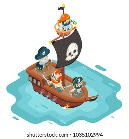 Isometric pirate ship crew buccaneer filibuster corsair sea dog sailors captain fantasy RPG treasure game character flat design vector illustration