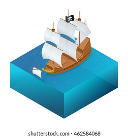 Isometric Pirate Ship with Jolly Roger on water. Vector illustration