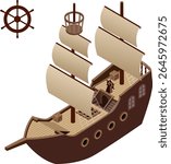 Isometric Pirate Ship with Sails and Helm Wheel Illustration