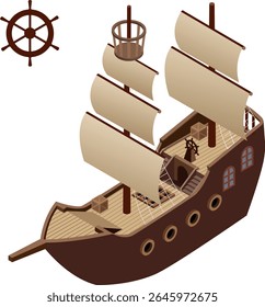 Navio pirata isométrico com velas e ilustração de roda de leme