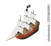 Isometric pirate ship with white sails and black flag 3d vector illustration