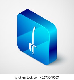 Isometric Pirate sword icon isolated on white background. Sabre sign. Blue square button. Vector Illustration