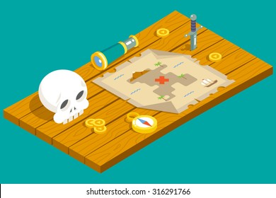 Isometric Pirate Treasure Adventure Game RPG Map Action Knife dagger Spyglass Skull Compass Icon Wood Table Background Concept Flat Design Vector Illustration