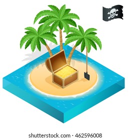 Isometric Pirate treasure on a tropical beach with palm trees and treasures.  Vector illustration