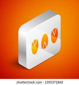 Isometric Pistachio nuts icon isolated on orange background. Silver square button. Vector Illustration