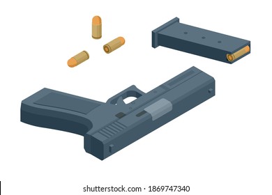 Isometric pistol isolated on white background. Weapon symbol. Gun with ammunition.