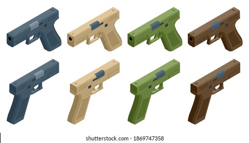 Isometric pistol isolated on white background. Weapon symbol. Gun with ammunition.