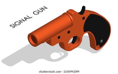 Isometric pistol for signaling in emergency. Weapon to launch signal projectiles. Realistic 3D vector isolated on white background