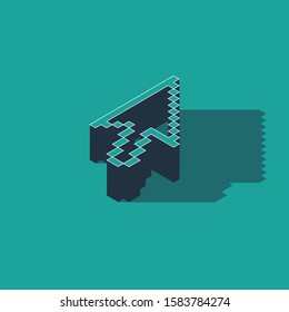 Isometric Pixel arrow cursor icon isolated on green background.  Vector Illustration