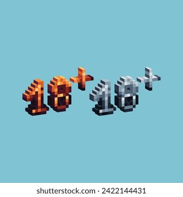 Isometric Pixel art 3d of 18 plus sign icon for items asset. Isolated Warn 18+ age icon on pixel 80s style.8-bits perfect for game asset,design asset element,app,website, Vector illustration.