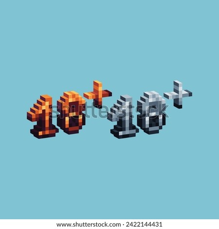 Isometric Pixel art 3d of 18 plus sign icon for items asset. Isolated Warn 18+ age icon on pixel 80s style.8-bits perfect for game asset,design asset element,app,website, Vector illustration.