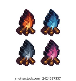 Isometric Pixel art 3d of campfire icon for items asset.Firewood bonfire icon on pixel bits style.8-bits perfect for game asset,design asset element,app,website, Vector illustration