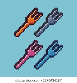Isometric Pixel art 3d of fork for items asset.Gold fork on pixelated style.8bits perfect for game asset or design asset element for your game design asset.