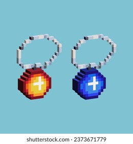 Isometric Pixel art 3d of Gold and blue necklace for items asset. Necklace on pixelated style.8bits perfect for game asset or design asset element for your game design asset.