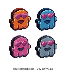 Isometrische Pixel Art 3d von liebenden Geist-Symbol für Artikel Objekt. Isolierte süße Ghost-Liebessymbol auf Pixel-Bit-Stil.8-Bit perfekt für Spiel-Objekt, Design-Objekt-Element, App, Website, Vektorgrafik.
