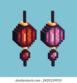 Isometric Pixel art 3d del icono de linterna lunar para los artículos activos. Icono de linterna china en estilo pixelado.8bits perfecto para activos de juego o elementos de activos de diseño para su activo de diseño de juego.