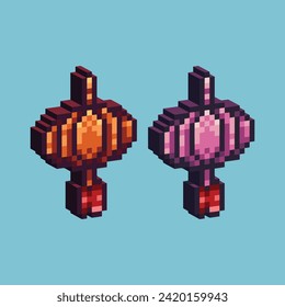 Isometric Pixel art 3d of lunar lantern icon for items asset. Chinese lantern icon on pixelated style.8bits perfect for game asset or design asset element for your game design asset.