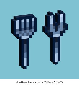 Isometric Pixel art 3d of spoon and fork kitchen tools for items asset.Kitchen tools spoon fork on pixelated style.8bits perfect for game asset or design asset element for your game design asset.