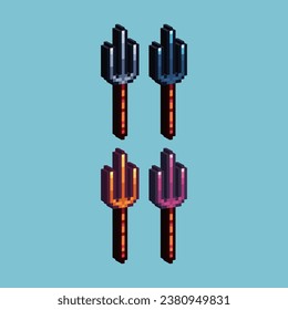 Isometric Pixel art 3d of trident weapon for items asset. Trident on pixelated style.8bits perfect for game asset or design asset element for your game design asset.
