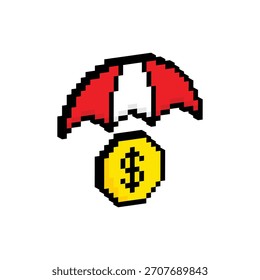 isometric pixel art 8 bit money with umbrella vector icon logo computer game