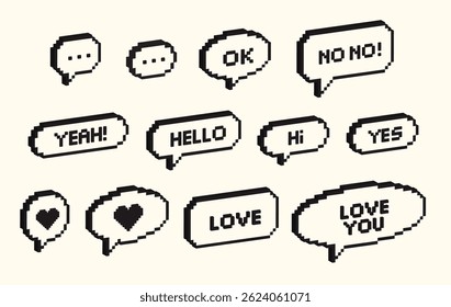isometric pixel art bubble talk set, icon and symbol concept, retro and y2k style