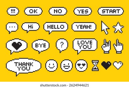 isometric pixel art bubble talk and emotiocon set, icon and symbol concept, retro and y2k style