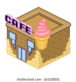 Isometric pixel art cafe building vector icon. Ice cream shop in game cartoon style