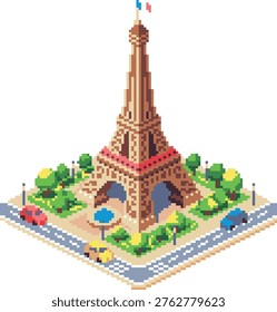 Isometric pixel art illustration of the Eiffel Tower, the iconic landmark in Paris, France. Designed in retro 8-bit style with a modern isometric perspective, this artwork features detailed pixel composition, clean geometric structure, and vibrant colors. Ideal for travel content, cityscape design, game assets, architecture visuals, and digital creative projects.
