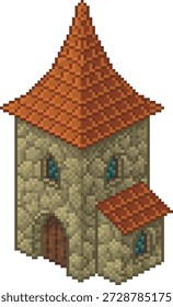 Isometrische Pixelkunst eines mittelalterlichen Steinturms mit roten Ziegeldach und gewölbten Fenstern. Ideal für Fantasy-RPG-Karten, Retro-Spiele, Pixel-Stadtszenen oder historische architektonische Illustration.