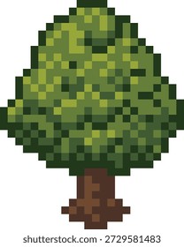 Isometrischer Pixel-Kunstbaum mit grünem Laub und braunem Stamm. Retro 8-Bit-Design ideal für RPG-Karten, Fantasy-Spiele, Pixel-Landschaften oder Vintage Digital Environment Illustration.
