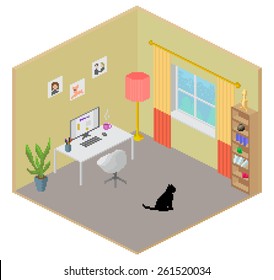 Isometric pixel art vector room interior with window and furniture