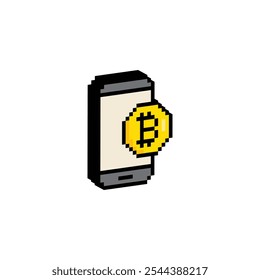 Signo de Bitcoin de píxeles isométricos con icono de teléfono móvil. Símbolo de criptomoneda. icono de criptomoneda. arte de píxeles criptomoneda segura basada en blockchain. firmar por juego de 8 bits