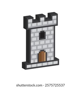 isometric pixel castle icon. Vector pixel art tower 8 bit for game company logo template