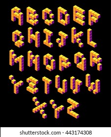 isometric pixel font. 3D alphabet. Isometric yellow  abc. Alphabet on white. pixel letters, isometric lettering. 3d font. Geometric alphabet, Cube font. Cube letters. 3d pixel lettering, Word elements