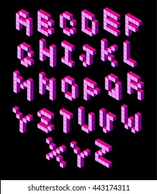 isometric pixel font. 3D alphabet. magenta abc. Pink alphabet on black. pixel letters, isometric lettering. 3d font. Geometric alphabet, Cube font. Cube letters. 3d pixel lettering, Word elements