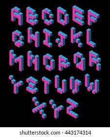 isometric pixel font. 3D alphabet