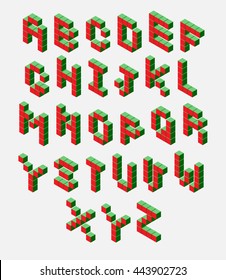 isometric pixel font. 3D alphabet. Isometric red abc. Alphabet on white. pixel letters, isometric lettering. 3d font. Geometric alphabet, Font of cubes. Cube letters. 3d pixel lettering, vector flat