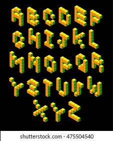 isometric pixel font. 3D alphabet