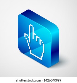 Isometric Pixel hand cursor icon isolated on white background. Pointer hand cursor. Blue square button. Vector Illustration